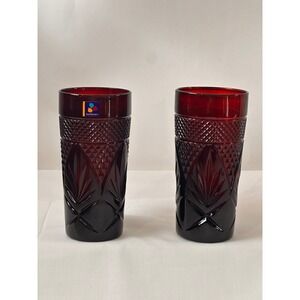 Luminarc Ruby Red Glass Tumblers Set of 2 Diamond Starburst Pattern 6.25 inch